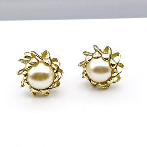 Vintage Caged Pearl Cuff Links, Gold Tone with White Faux Pearl, Dapper Mens